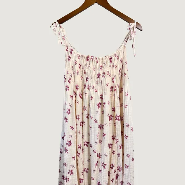 Free People Intimately Floral Smocked Gauze Midi Dress Cream Purple XS - Image 6