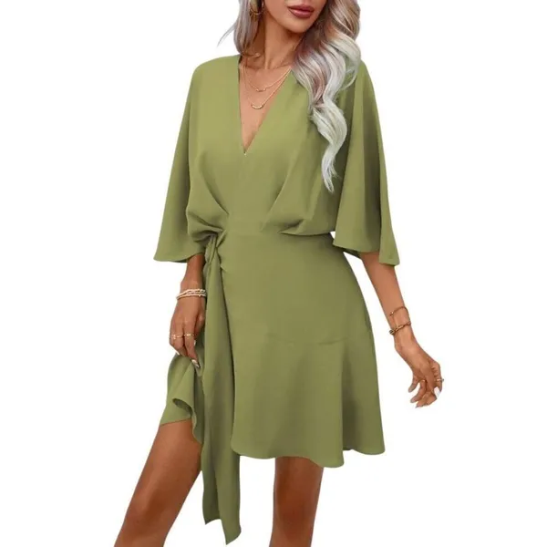 SheIn NEW Vacay Olive Green Ruffle Hem Wrap Mini Dress Large - Image 3