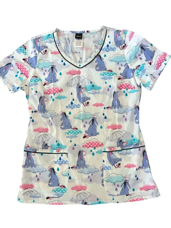 Disney Eeyore Sunshower Womens Scrub Top V-Neck Short Sleeve Pockets Size Small - Image 2