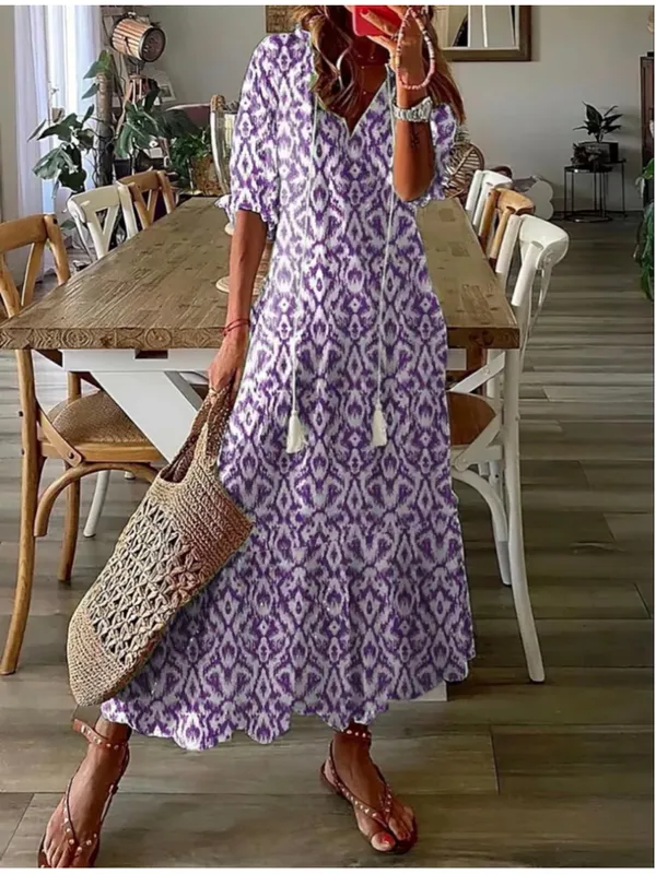 NEW Floral Loose Lightweight Beach 3/4 Ruffle Sleeve Maxi Dress V Neck A Line M - Image 2