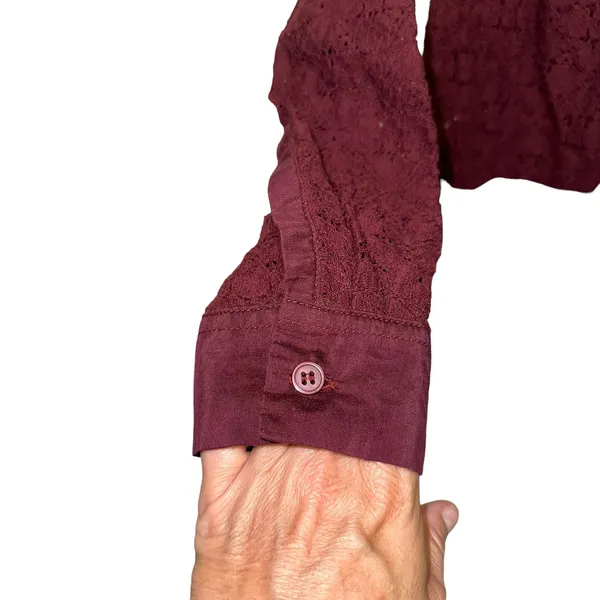 LOFT Burgundy‎ Lace Button Up Blouse XS Sheer Long Sleeve Feminine Top - Image 4