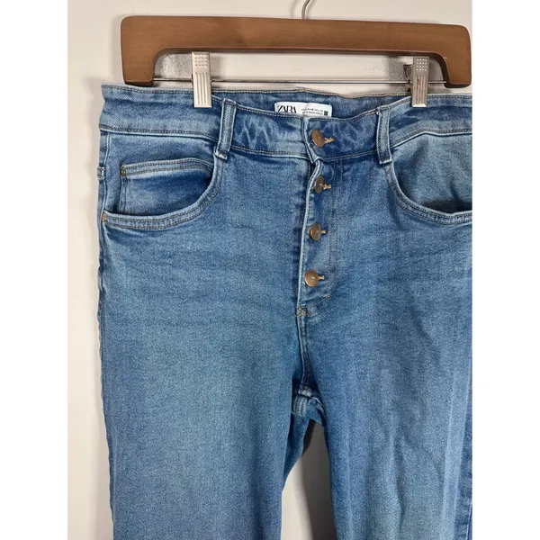 Zara Button Fly Jeans Women 10 Blue High Waisted Straight Leg Casual - Image 3