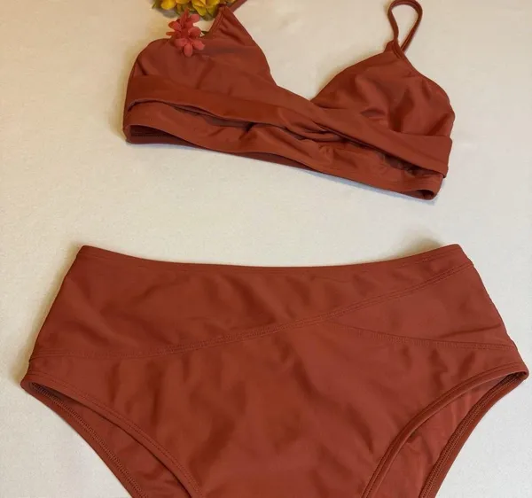 Cupshe Rust Solid Twist Top Spliced High Waist Bikini Set 2 Piece Swimwear Large - Image 2