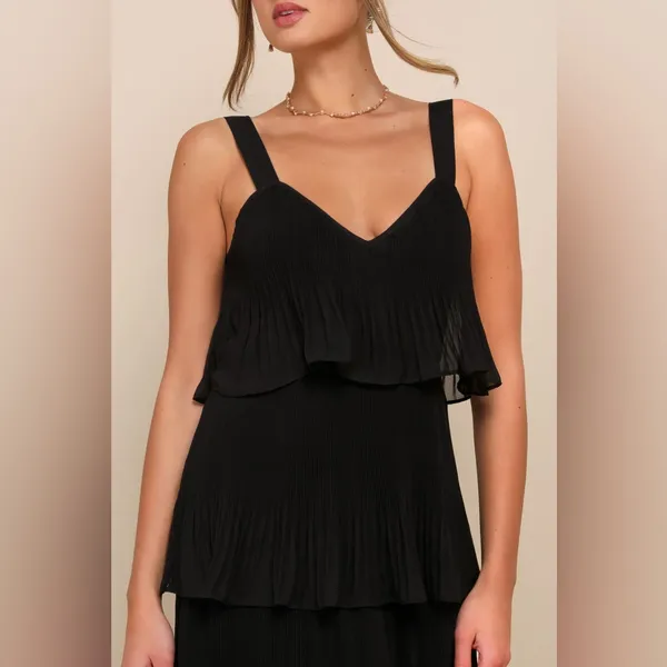 LULU’S Elegant Nature Black Pleated Sleeveless Tiered Maxi Dress - Image 4