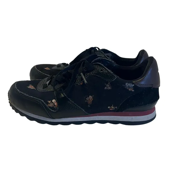 Coach Sneakers Women Black Glitter Floral Leather Suede‎ Low Top - Image 3