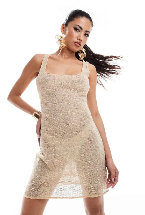 ASOS NWT DESIGN crystal hotfix square neck mini dress in stone. Size 14 - Image 4