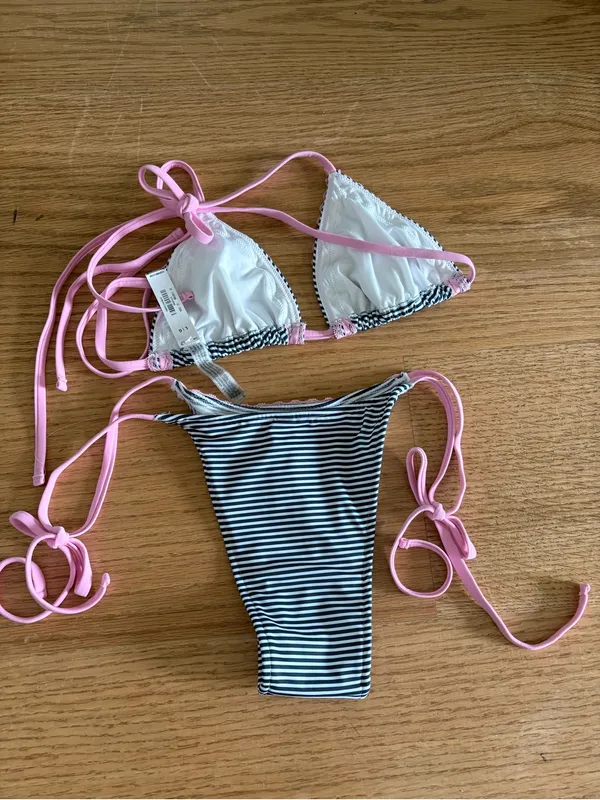 Frankie's Bikinis Pink & Black Striped Lace-Trim Triangle Bikini - Image 3
