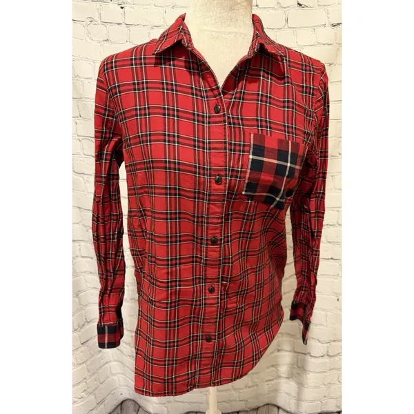 Madewell Classic Patchwork Plaid Ex-Boyfriend Shirt Red Cotton Size XS - Image 2