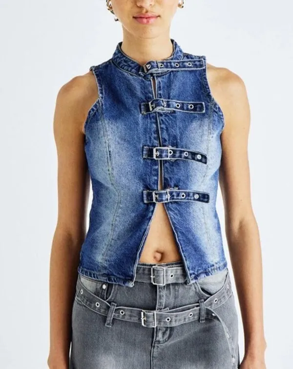 The Ragged Priest - Reign Buckle Sleeveless Denim Top in Blue - Image 5