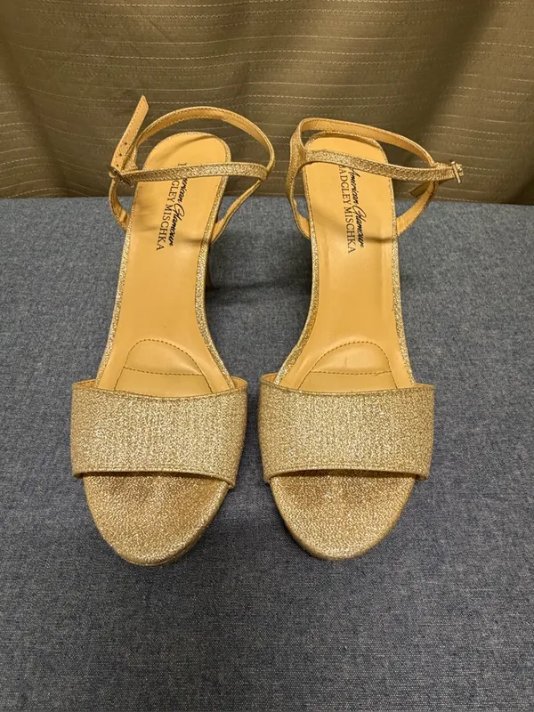 Badgley Mischka American Glamour Gold Glitter High Heel Sandals with Ankle Strap - Image 11