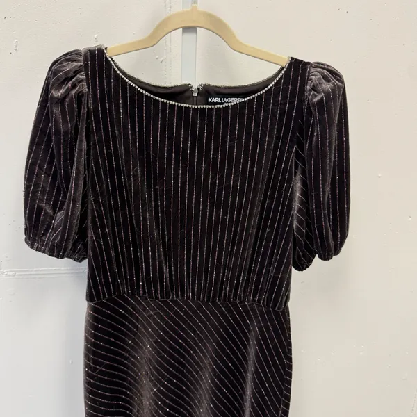 Karl Lagerfeld Paris Velvet Pinstripe Rhinestone Midi Maxi Dress Brown 8 Holiday - Image 5