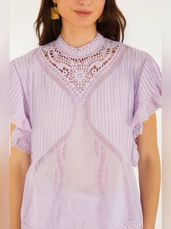 Farm Rio Lilac Lace Ruffled Blouse S - Image 7