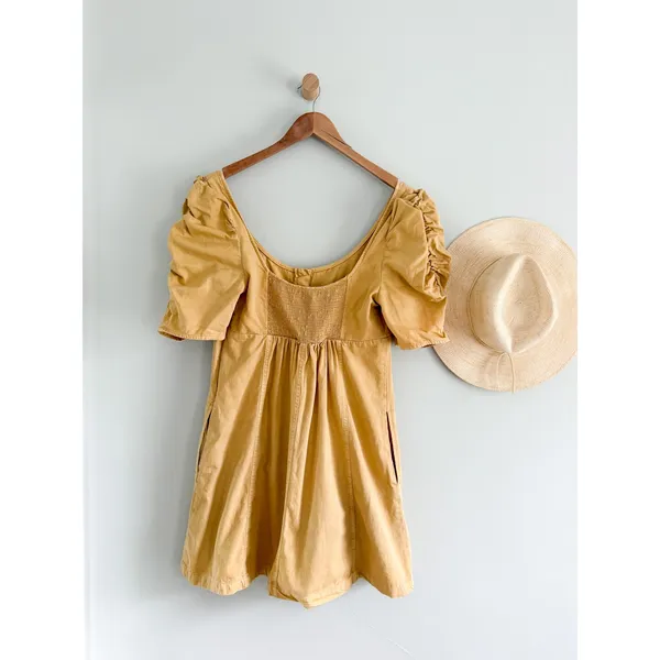 Free People | Cheyenne Denim Mini Dress Sand Dune Yellow Puff Sleeve | Sz L - Image 9