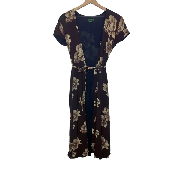 J. CREW VINTAGE Women's 6 Floral Wrap Maxi Dress Flutter Sleeve Brown 90s Y2K - Image 2