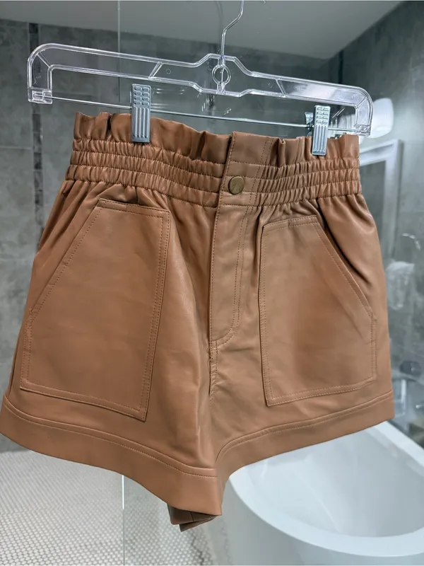 Forever 21 High-Waist Faux Leather Paperbag Shorts - Tan - Image 2