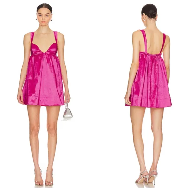 For Love & Lemons Selena Bright Pink Mini Babydoll Plunge Preppy HOT Dress NWT - Image 3