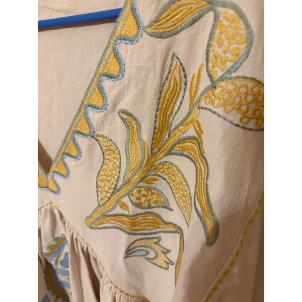 Blue Velvet Boho Embroidered Babydoll Top Beige Blue Yellow V-Neck S/M - Image 2
