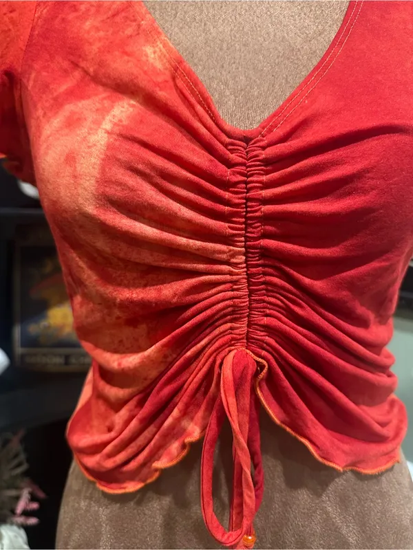 Evolution Fire Red & Orange Ruched Rave Top – Size Small - Image 3