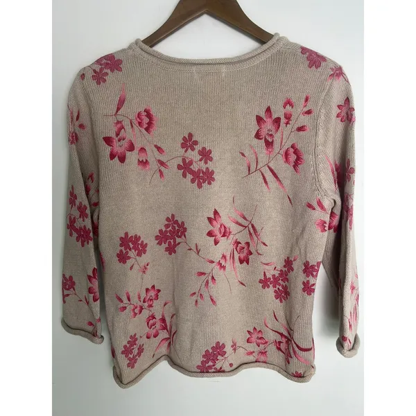 VTG Christopher Banks LG Floral Knit Sweater Tan Pink Linen Grandma Boho Cottage - Image 3