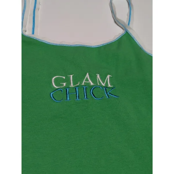 Vintage Y2K Glam Chick Cami Tank Top Baby Camisole Green Embroidered - Image 6