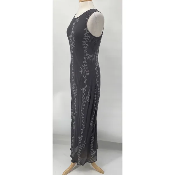 Vintage Y2k Maxi Slip Dress Sleeveless Keyhole Back Floral Vine Pattern Gray M - Image 3