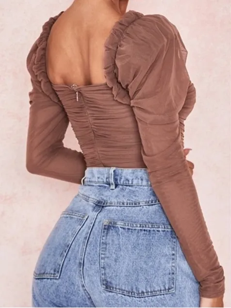House Of CB Emme Mocha Ruched Chiffon Puff Sleeve Bodysuit Top Size Large - Image 3