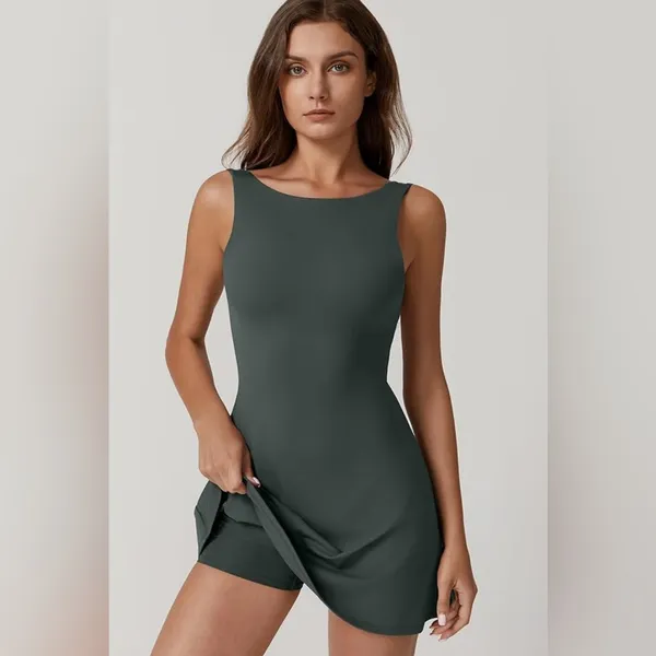 NWT‎ QINSEN Women’s Dark Green Open Back Tennis Dress - Size Large - Image 4