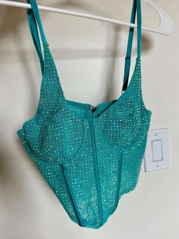 Rain On Me Embellished Corset Crop Top In Teal - Image 4