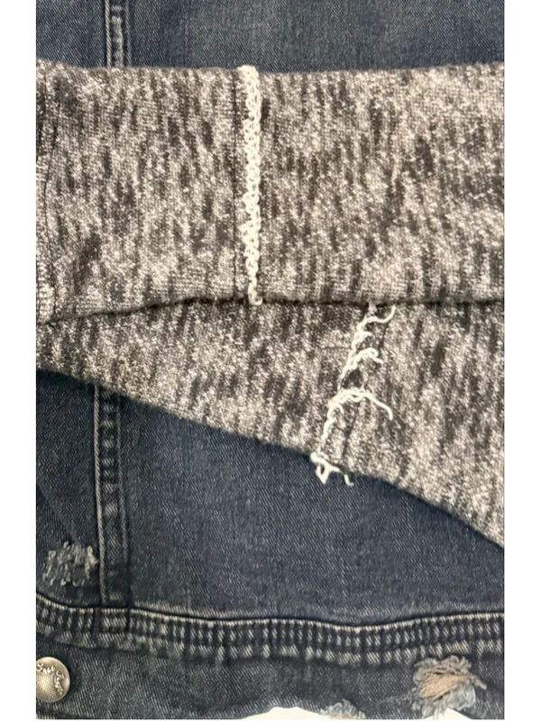 Free People Denim Knit Sleeve Hooded Jacket Distressed Dark Wash h - Image 9