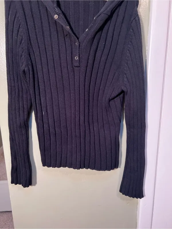 Old Navy Womens Ribbed Hooded Henley Sweater Black Half Snap Stretch Long Sleeve - Image 3