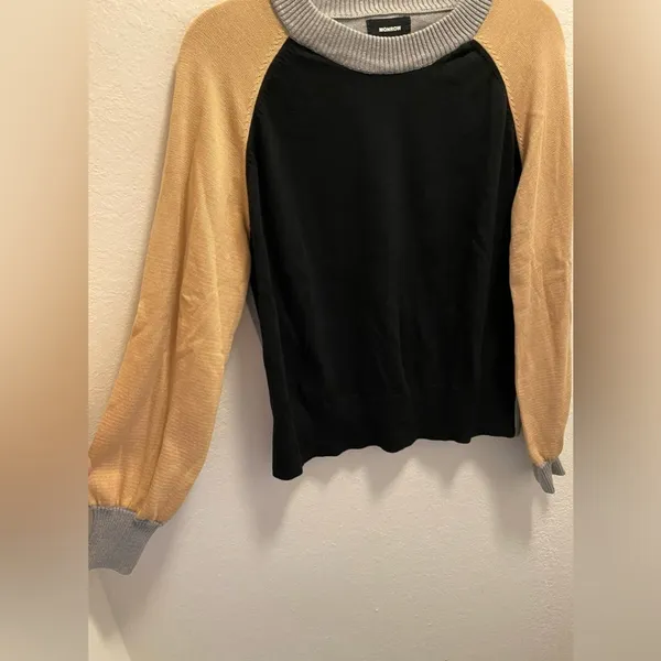 Monrow Black & Tan Color Block Mock Neck Balloon Sleeve Revolve Sweater - Image 3