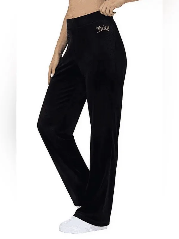 Juicy Couture Black Velour Wide Leg Lounge Pants Rhinestone Logo XL Y2K - Image 3