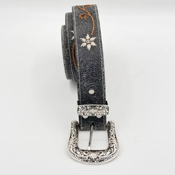 Nocona Size S Black Leather Floral Embroidered Rhinestone Western Cowgirl Belt - Image 2