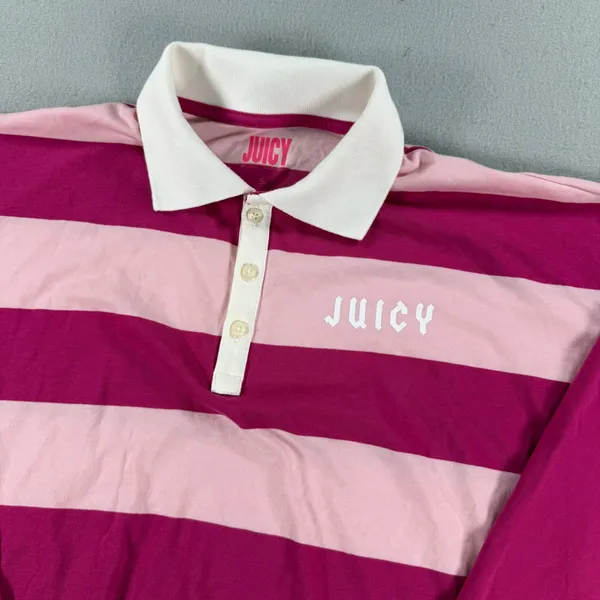 Y2k Juicy by Juicy Couture Pink Striped Long Sleeve Cropped Rugby Polo Small - Image 7