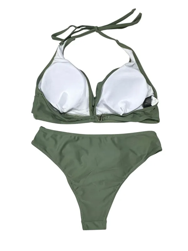 Olive Green Two-Piece Bikini Swimsuit | Halter Wrap Top Women’s Size Small NWOT - Image 3
