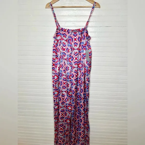Melloday Printed Wide Leg Patterned Pocket Jumpsuit Size XL Red Blue - Image 2