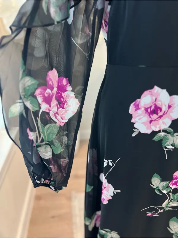 Lulus Once And Flor All Black Floral Print Long Sleeve Woman’s Midi Dress size L - Image 4