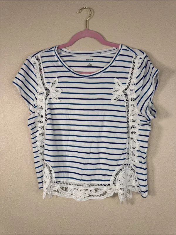 Maeve White Blue Striped Crochet Crop Blouse Womens L Casual Girly Coquette - Image 7