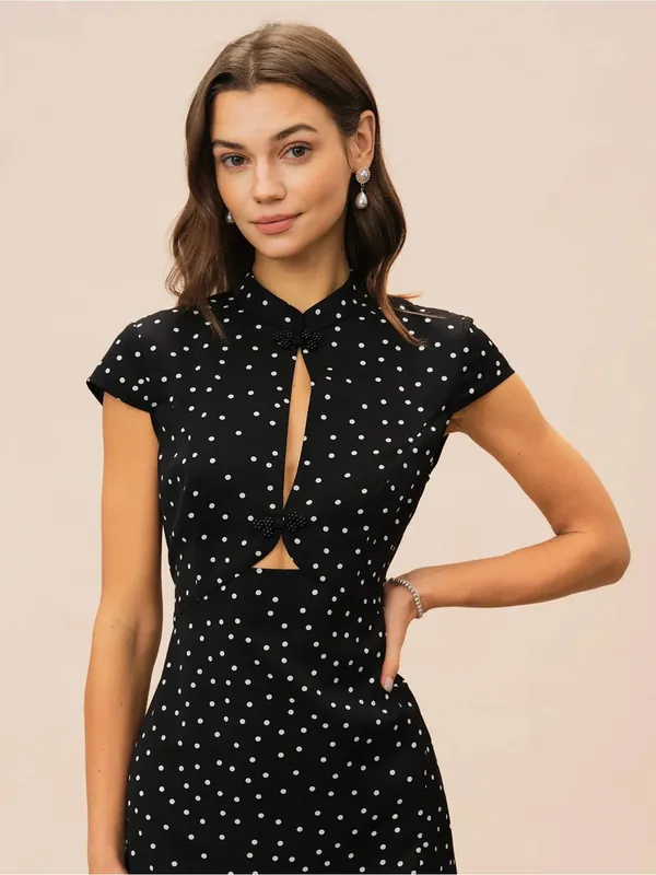 Rihoas Black Mandarin Collar Polka Dot Midi Dress - Image 3