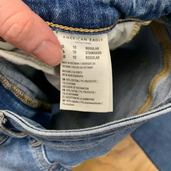 American Eagle Super Hi-Rise Flare Jeans Blue Distressed Raw Hem Women 10‎ Reg - Image 8