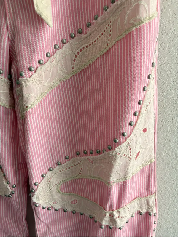 Everyday chic Blossom Pink Striped Wide Leg Lace Patchwork Size M - Image 3