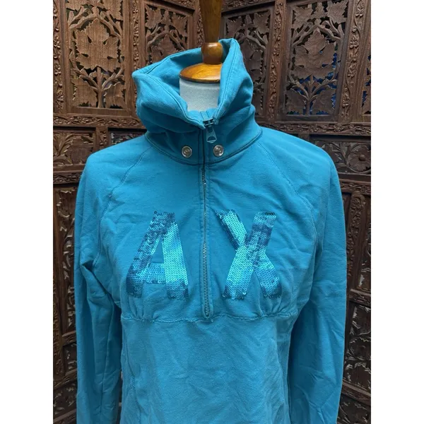 Armani Exchange‎ Pullover Sweatshirt Womens XL Turquoise Blue Good Sequin Logo - Image 2