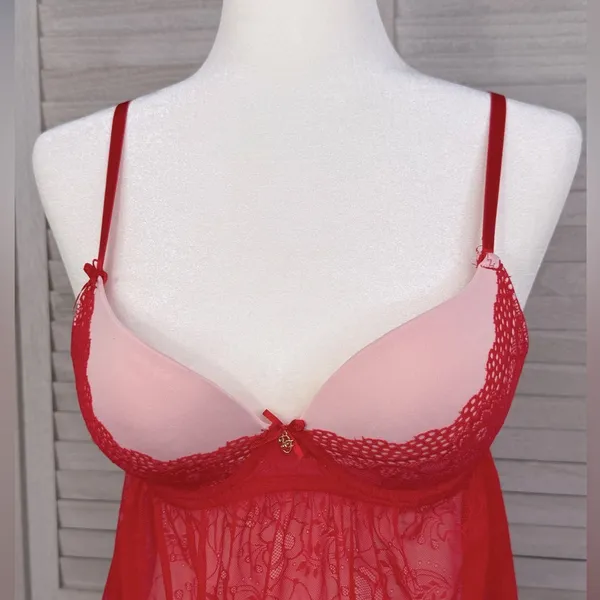 DAISY FUENTES Push Up Babydoll Lace Lingerie Top Red/Pink-Medium - Image 2