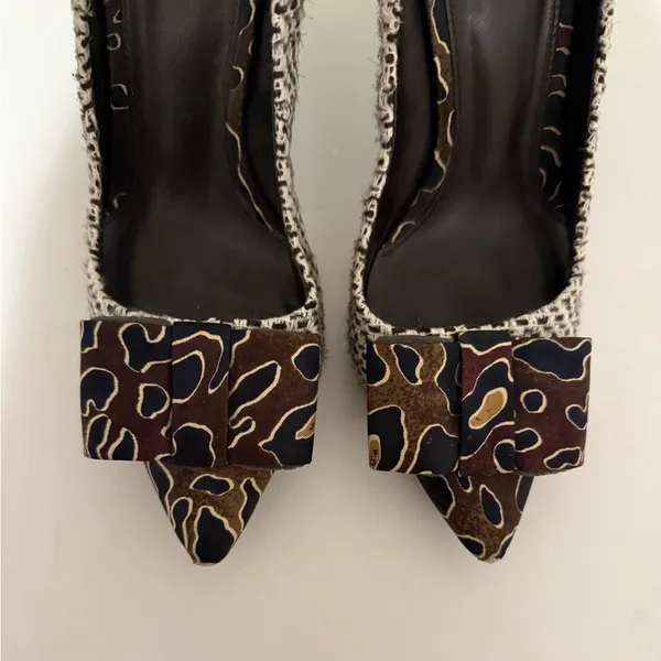 Tory Burch Cleo Tweed and Silk Bow High Heel Pump Brown Navy Leopard Size 7 - Image 9