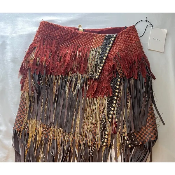 Balmain F17 Runway Skirt Brown Tribal Lamb Leather Fringe Brass Kendall Jenner - Image 7