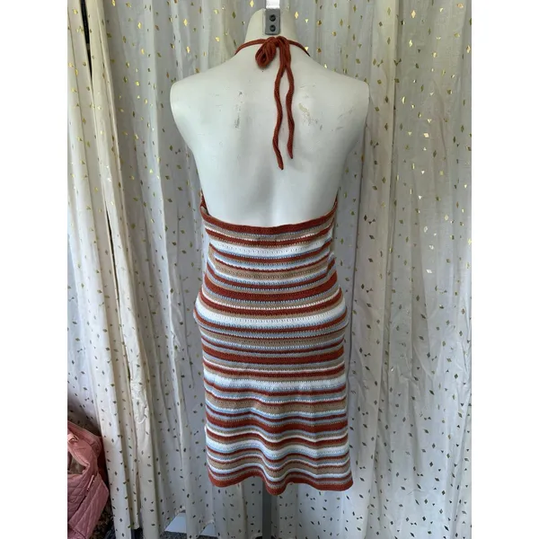 Cotton On Twiggy Knit Halter Multi Color Striped Crochet Sweater Mini Dress M - Image 3