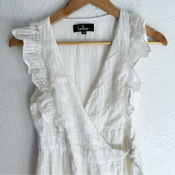 Lulus Something to See White Striped Ruffled Wrap Midi Dress XS - Image 4