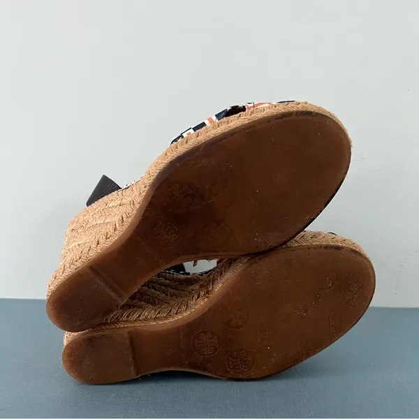Tory Burch Criss Cross Blue & Orange‎ Canvas Espadrille Jute Wedge Sandals - Image 7