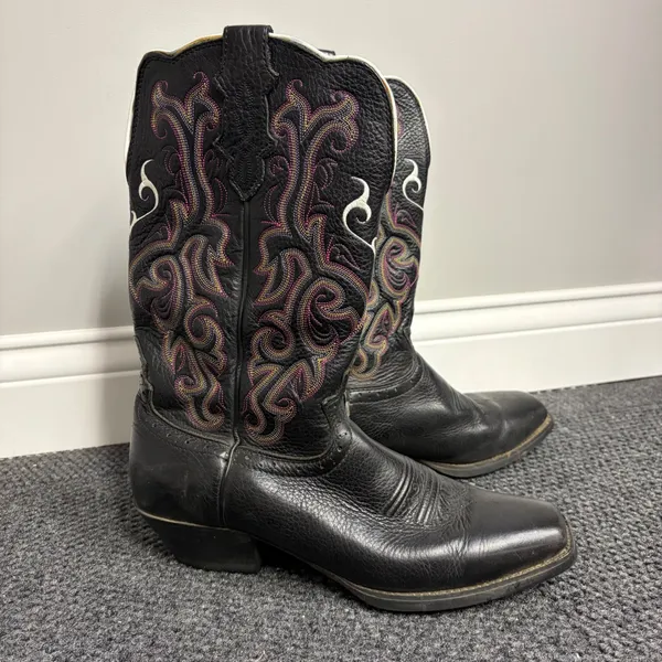Justin womens Black Leather Western Cowboy Boots Embroidered L2910 Size 10 B - Image 2