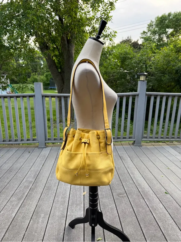 Tignanello Yellow Genuine Leather Bucket Bag Drawstring Shoulder Purse - Image 3